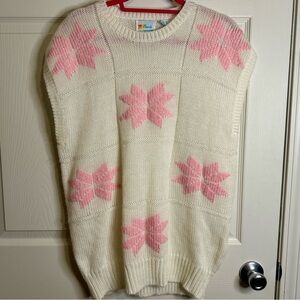 Vintage Eggshell White Touch Tones Knit Sweater Vest With Pink Snowflake Design